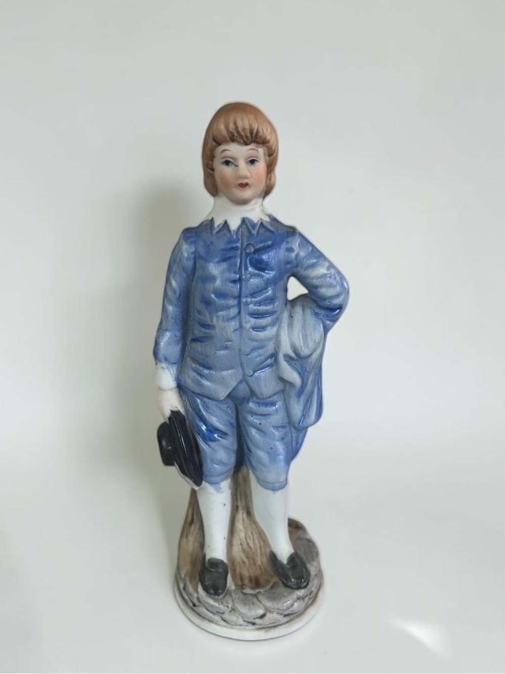 Vintage Victorian Boy Porcelain Bud Vase Figurine Blue Suit Cottage Decor